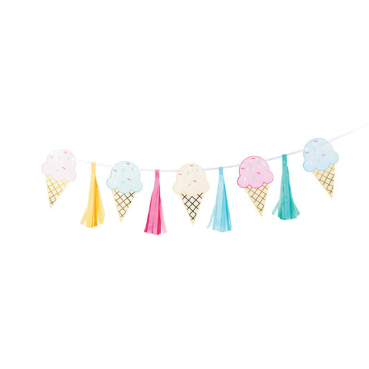 Colorful ice cream cone and tassel party banner with pink, blue, yellow, and gold foil accents.