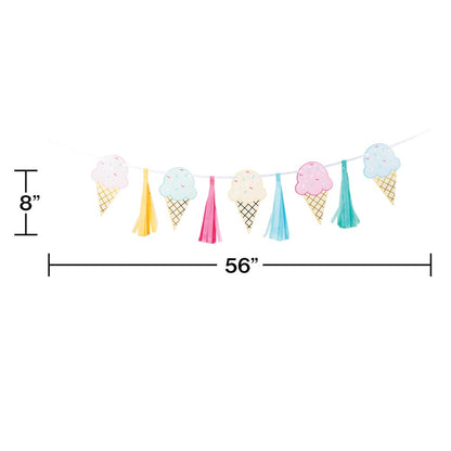 Colorful ice cream cone foil banners with pink, yellow, and blue tassels on a white string, 56 inches long and 8 inches tall.