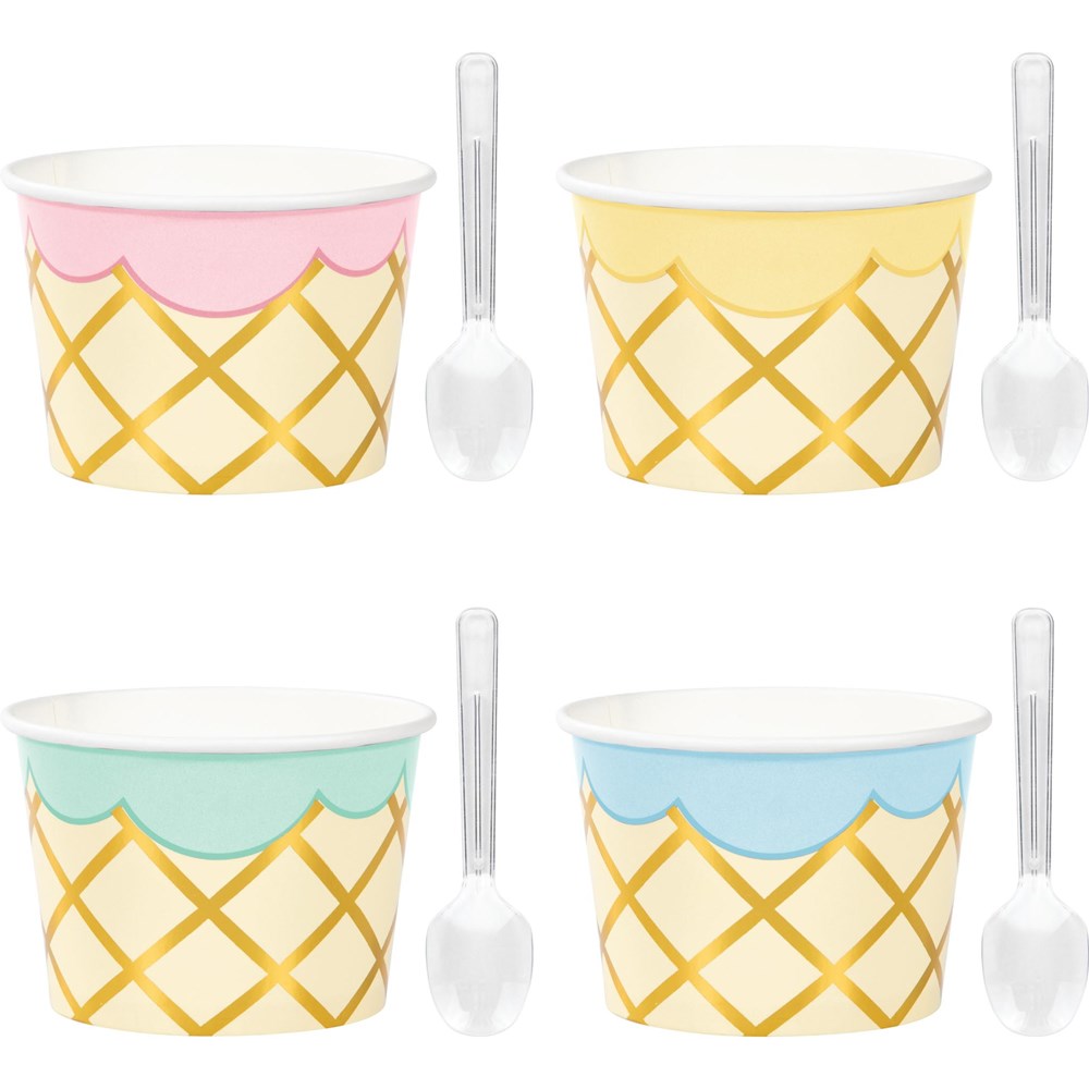 Set of four foil ice cream cups with waffle cone pattern and pastel scalloped edges in pink, yellow, mint, and blue, each.