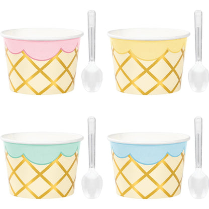 Set of four foil ice cream cups with waffle cone pattern and pastel scalloped edges in pink, yellow, mint, and blue, each.
