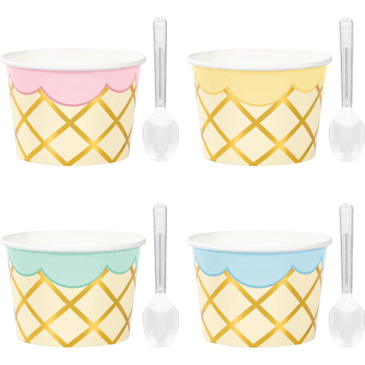 Set of four foil ice cream cups with waffle cone pattern and pastel scalloped edges in pink, yellow, mint, and blue, each.