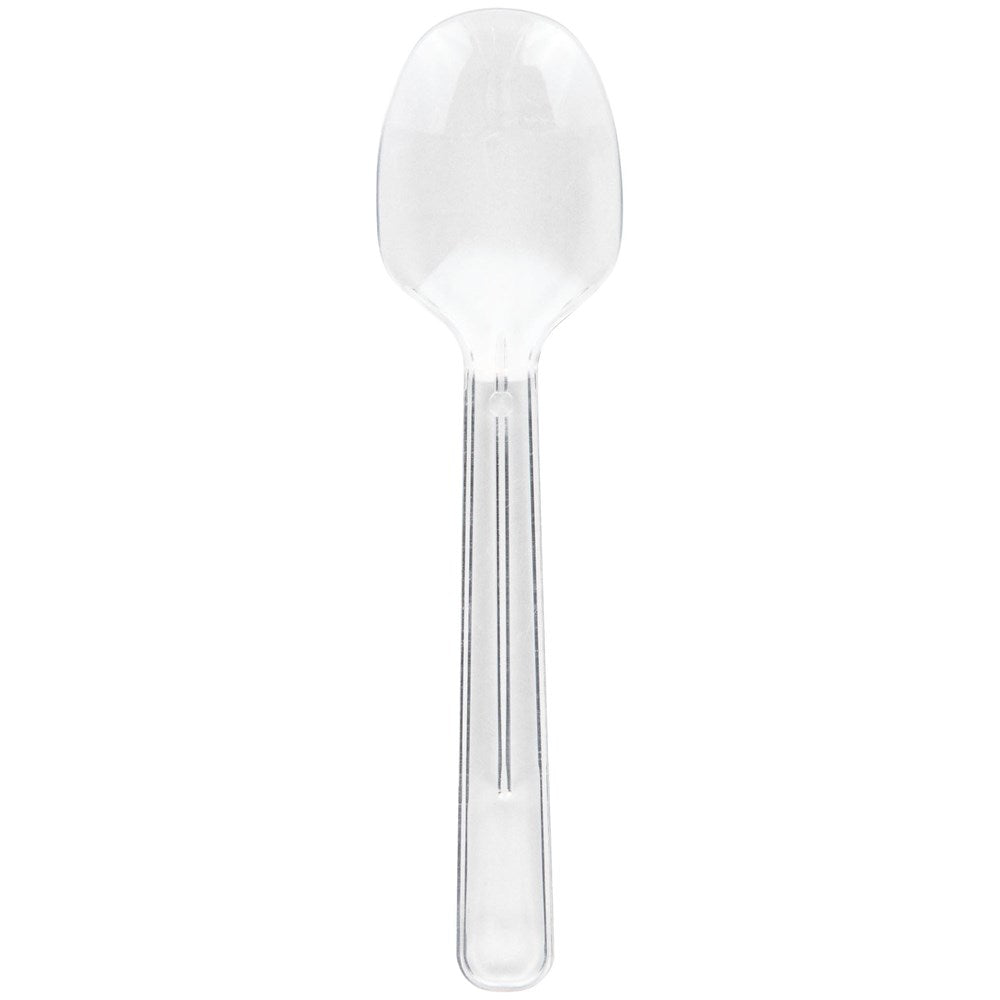 Clear plastic spoon with a rounded bowl and slightly tapered handle designed for parties.