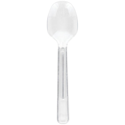 Clear plastic spoon with a rounded bowl and slightly tapered handle designed for parties.