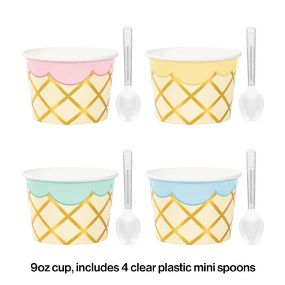 Set of four foil cups with waffle cone pattern and pastel scalloped tops in pink, yellow, green, and blue, each paired with.