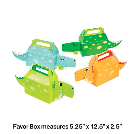Set of four colorful dinosaur-shaped party favor boxes in blue, green, orange, and lime green with handle tops and printed.