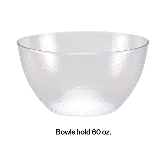 Clear plastic bowl with textured pebble surface, round shape, 60oz capacity.