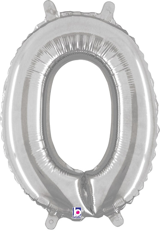 Silver foil balloon shaped like the number 0, 14 inches tall, air-filled with valve.