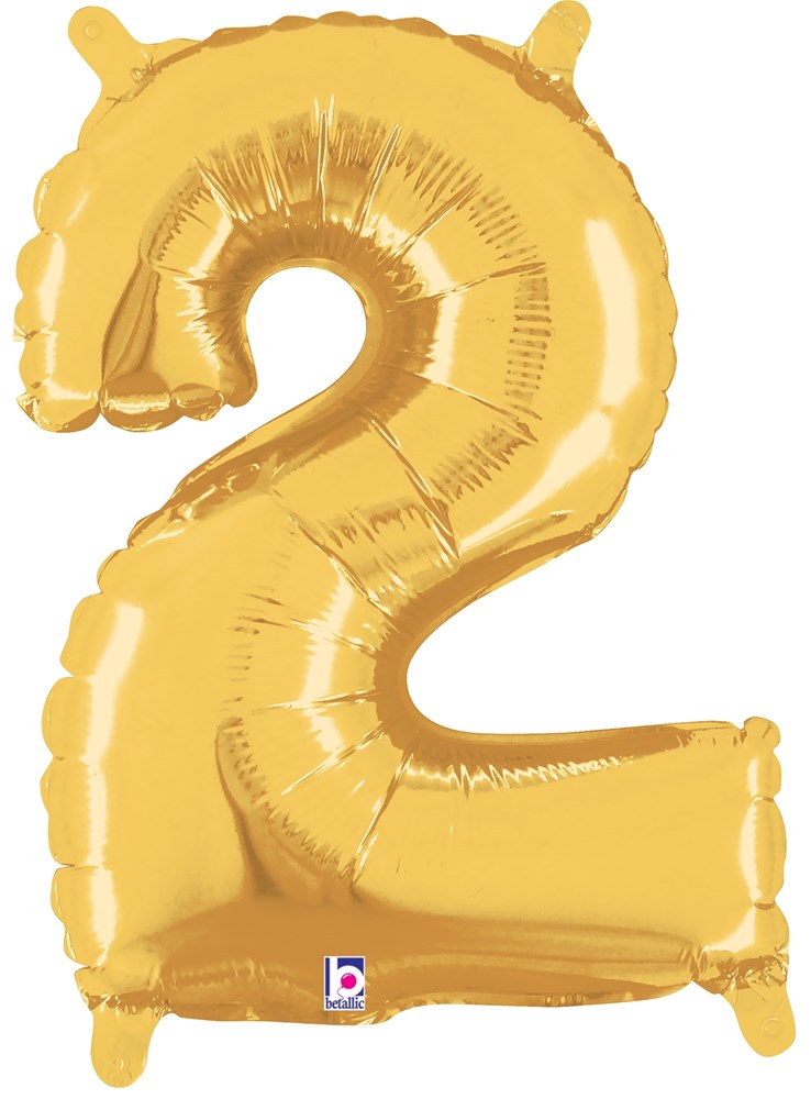 Gold foil balloon in the shape of the number 2, 14-inch valved air-filled design.