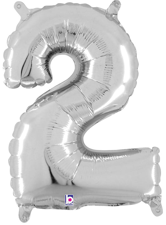 Shiny silver foil balloon shaped like the number 2 with four small tabs for hanging.