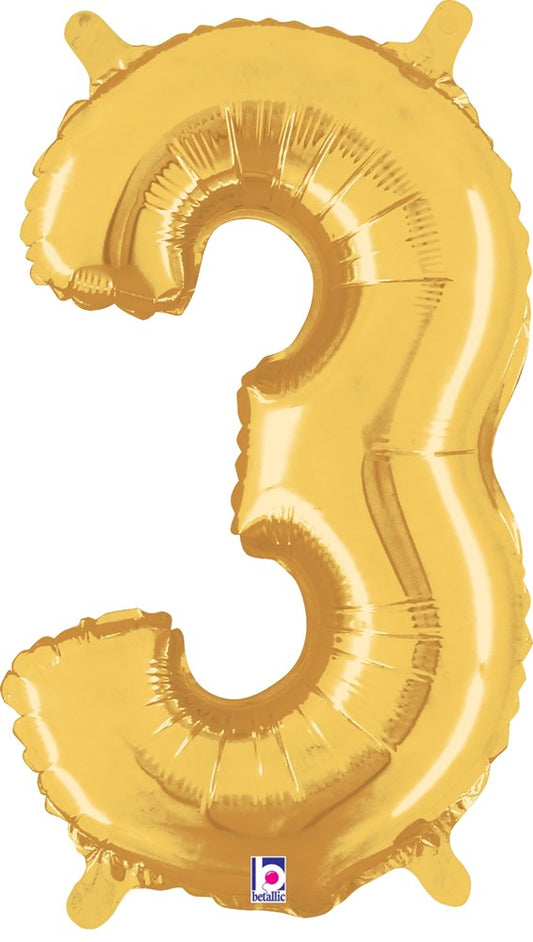 Shiny gold foil balloon shaped as the number 3 with a valved air-filled design, 14 inches tall.