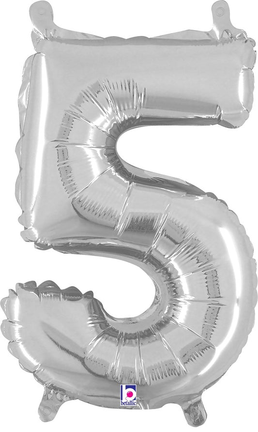 14-inch silver foil balloon shaped like the number 5 with a valve on top.
