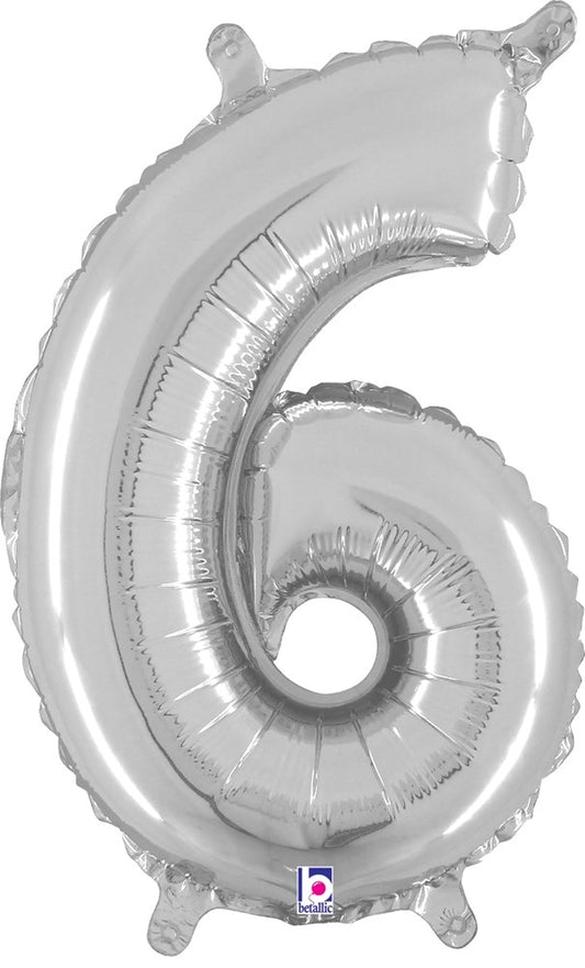 Silver foil balloon shaped like the number 6, 14 inches tall, with a valve for inflation.