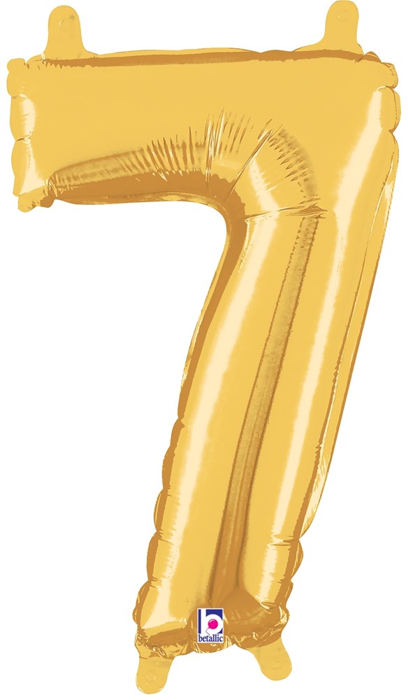 Gold metallic foil balloon shaped like the number 7 with a valved top and bottom, 14 inches tall.