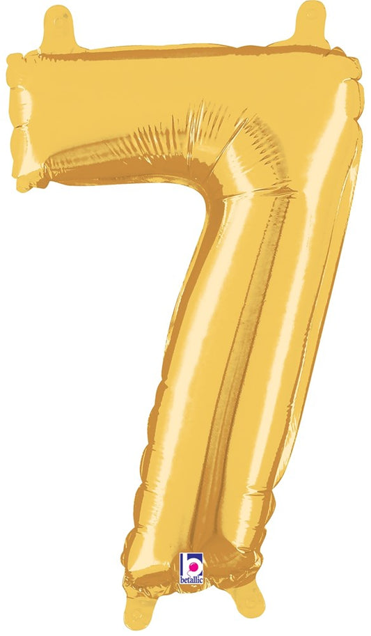 14-inch gold foil balloon shaped like the number 7 with valve for inflation.