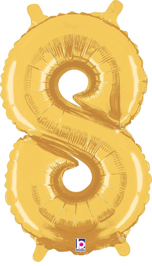 Gold foil balloon shaped as the number 8 with a valved air seal and shiny surface.
