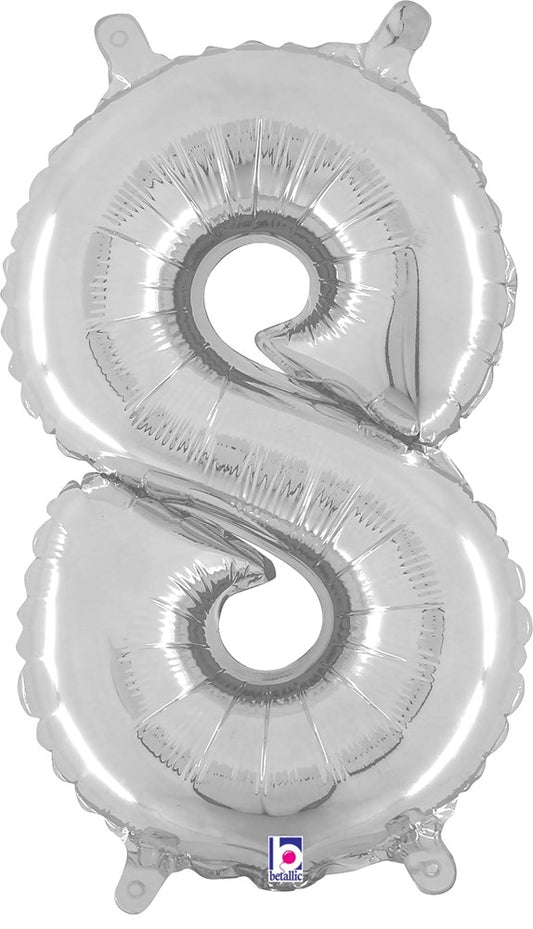Silver metallic foil balloon shaped like the number 8 with a valved air inlet, 14 inches tall.