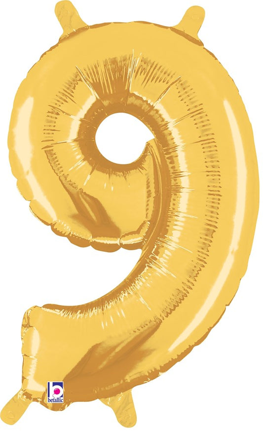 Gold metallic foil balloon shaped like the number 9, 14 inches tall with valve seal.