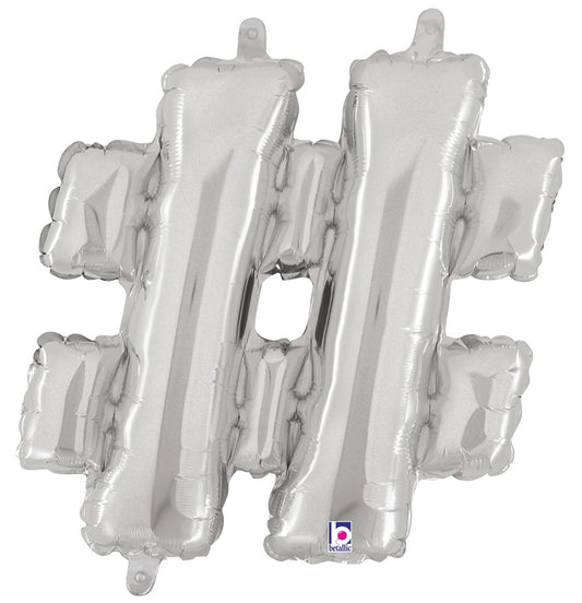 Silver metallic 14-inch foil balloon shaped like a hashtag symbol with a valved top tab.