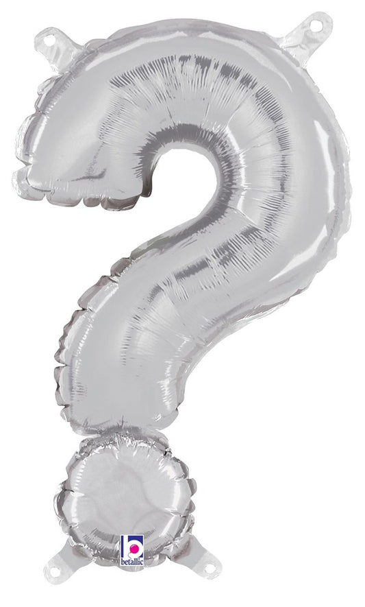Silver foil question mark balloon with valved air-fill valve, 14 inch tall.