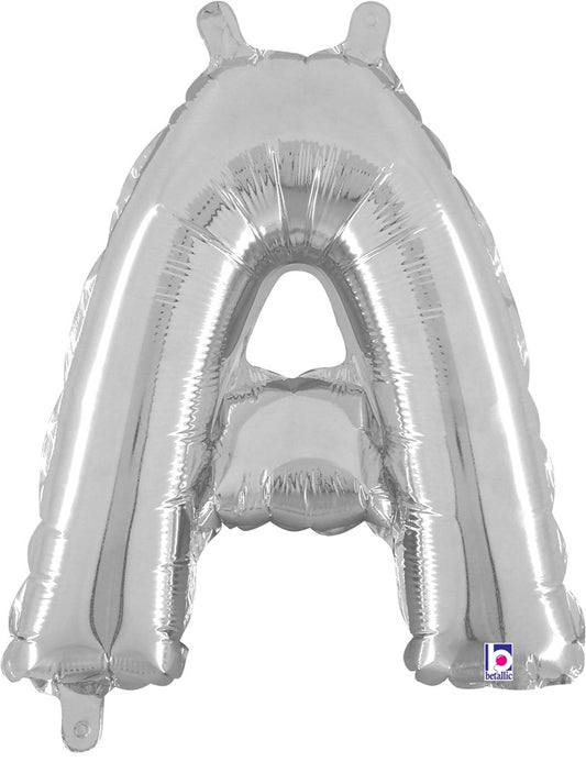 Silver metallic foil balloon shaped like the letter A with valved top and bottom tabs.