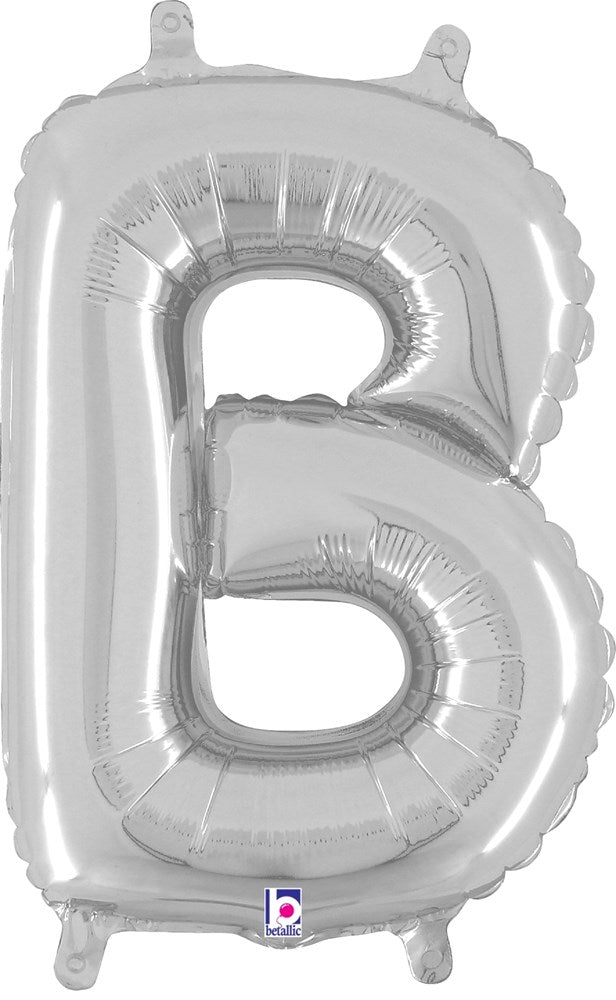 14-inch silver foil balloon shaped like the letter B with two hanging tabs at the top.