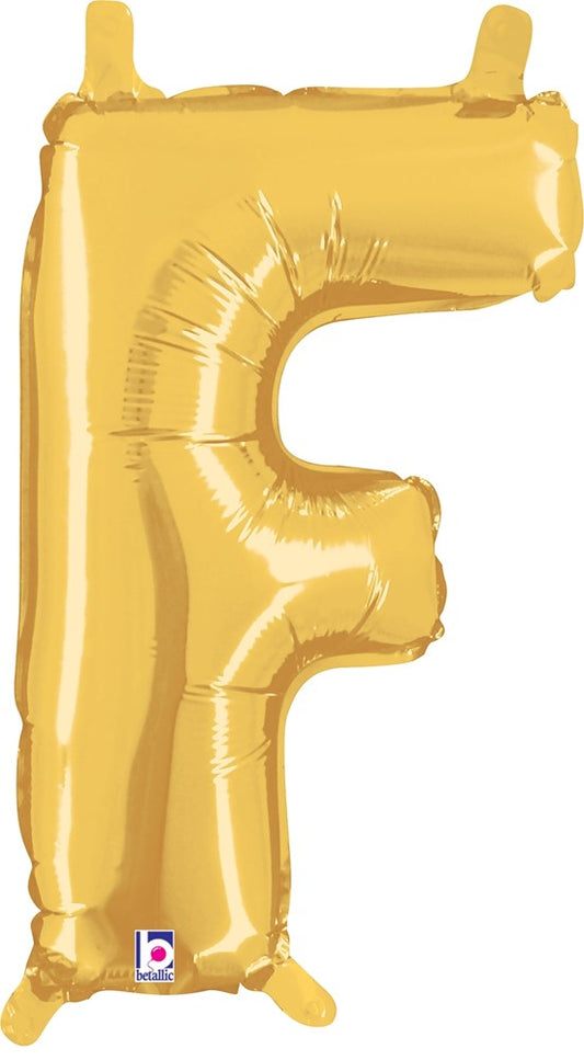 Gold metallic 14-inch foil balloon shaped like the letter F with a valved top and smooth surface.