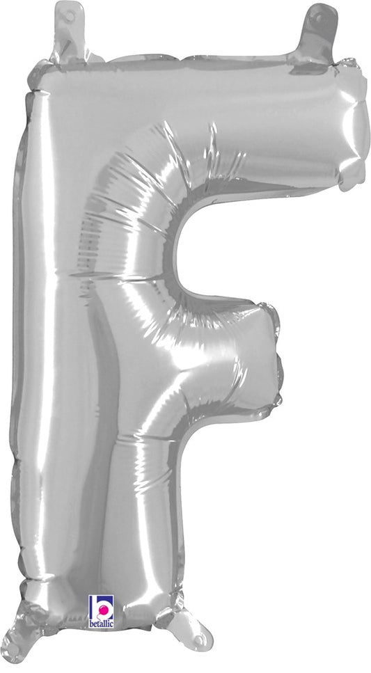 Silver metallic 14-inch foil balloon shaped as the letter F with valved seal.