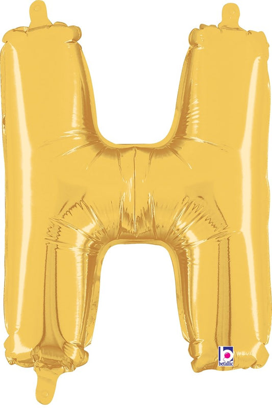 Gold foil 14-inch letter H balloon with valved air seal and shiny metallic finish.