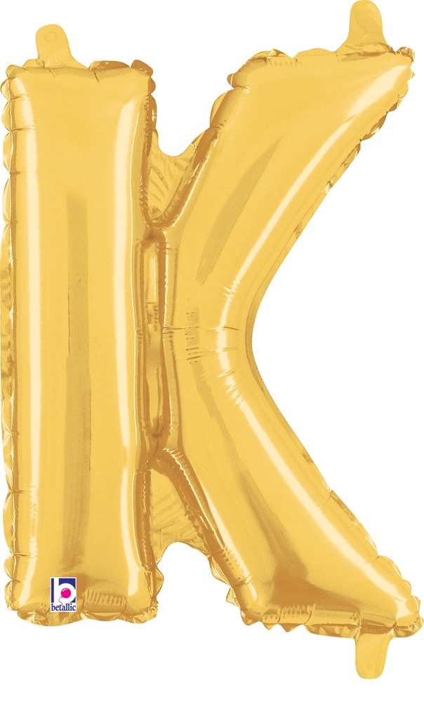 Large metallic gold foil balloon shaped as the letter K, 14 inches tall, with a valve for inflation.