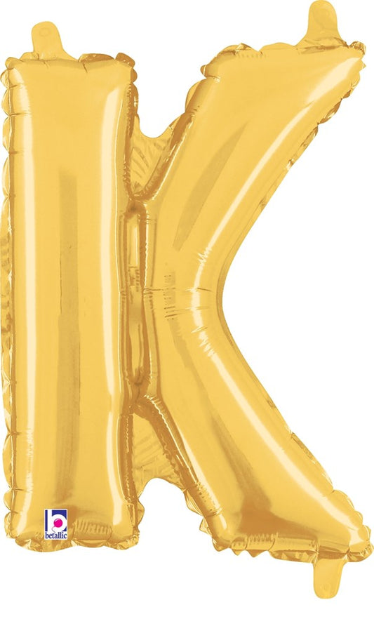 Large metallic gold foil balloon shaped as the letter K, 14 inches tall, with a valve for inflation.