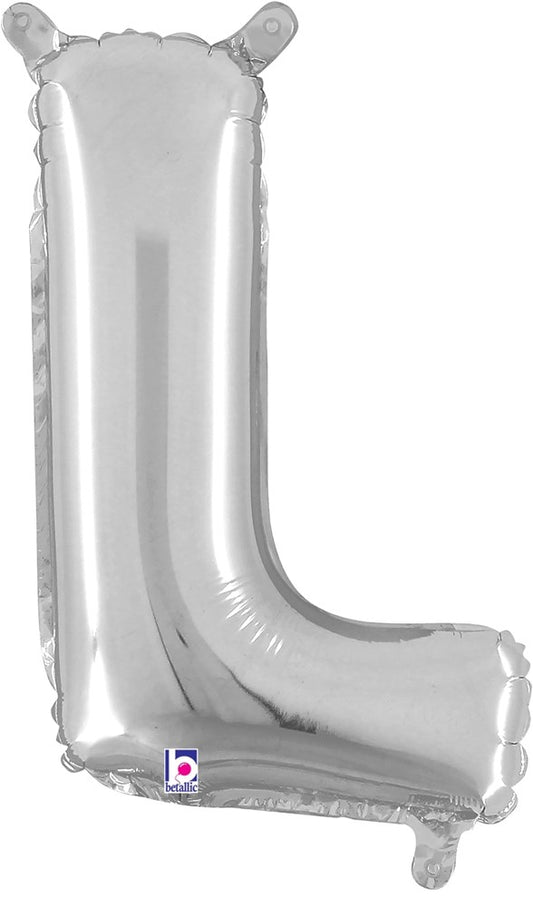 14-inch silver metallic balloon in the shape of the letter L with a valved opening.