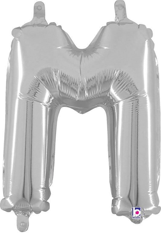 Silver metallic foil balloon shaped like the letter M, 14 inches tall with valve for air filling.