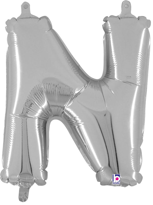 Silver metallic foil balloon shaped like the letter N, 14 inch valved design.
