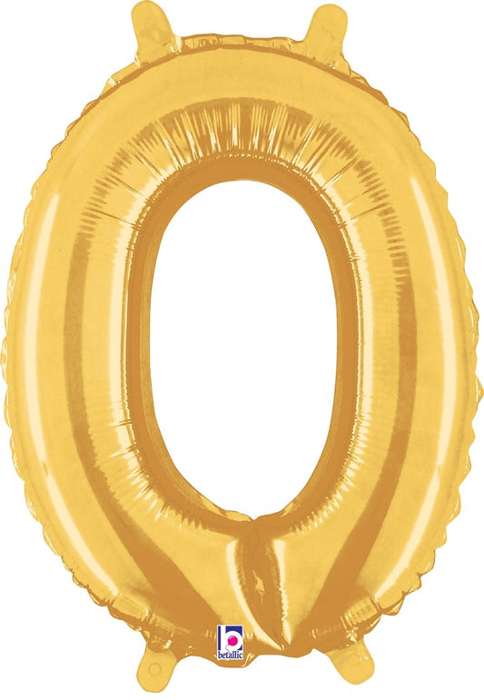 Gold foil balloon shaped like the number zero with a shiny, metallic finish and two small valve tabs at the top.