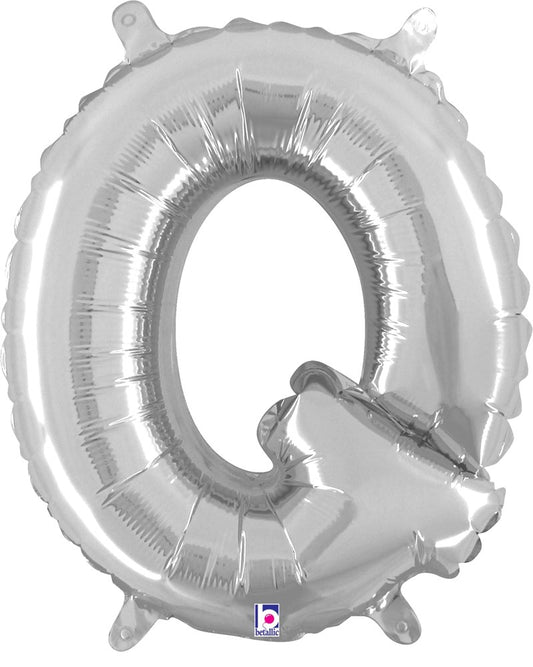 Silver metallic 14-inch foil balloon shaped like the letter Q with valve tab.