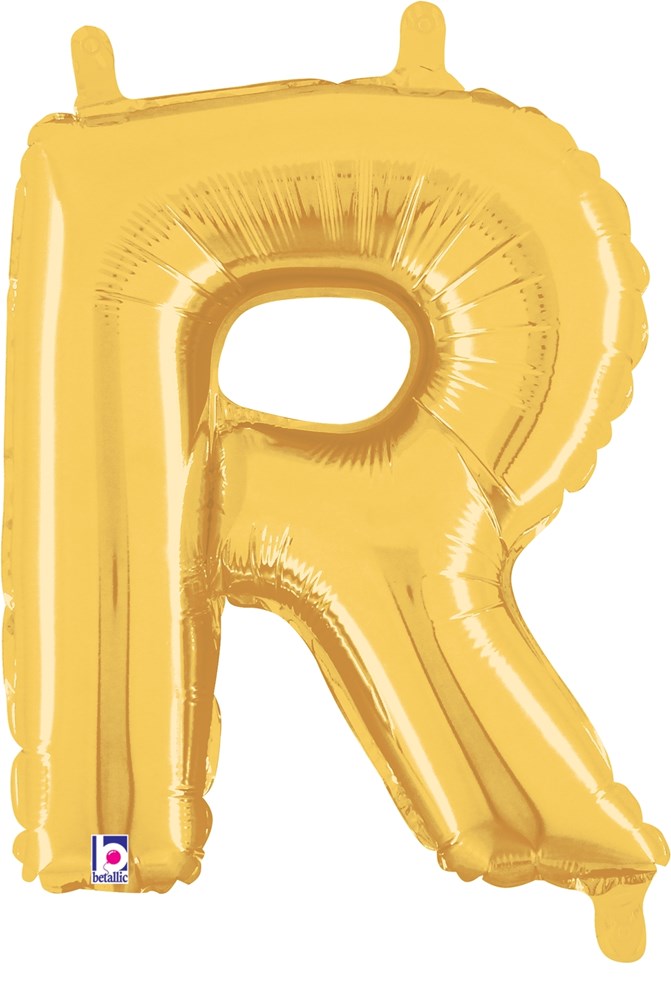 14-inch gold metallic foil balloon shaped like the letter R with valve tabs.