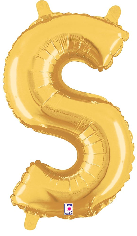 Gold metallic foil balloon shaped as the letter S, 14 inches tall with a valved air-filled design.