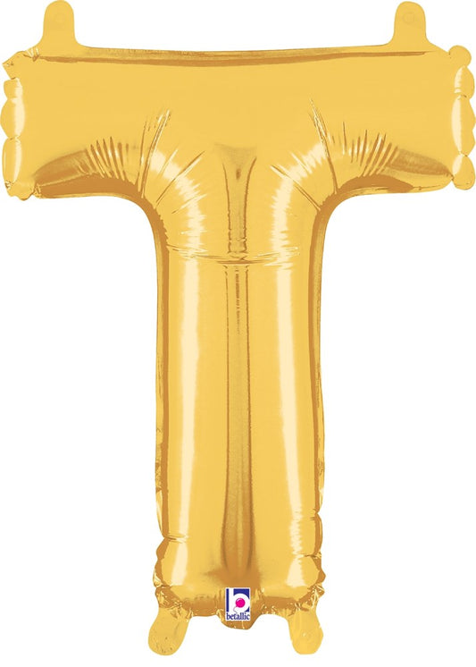14-inch gold foil balloon in the shape of the letter T with a glossy finish and valved top tabs.