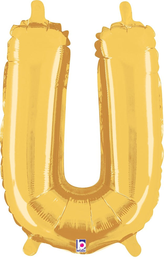 14-inch gold metallic letter U foil balloon with valve and hanging tab.