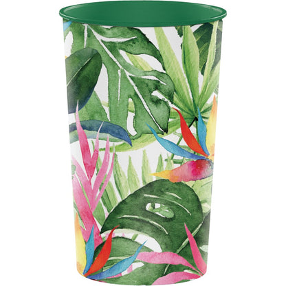22oz plastic cup with vibrant tropical floral print in green, pink, orange, and yellow leaves and flowers.