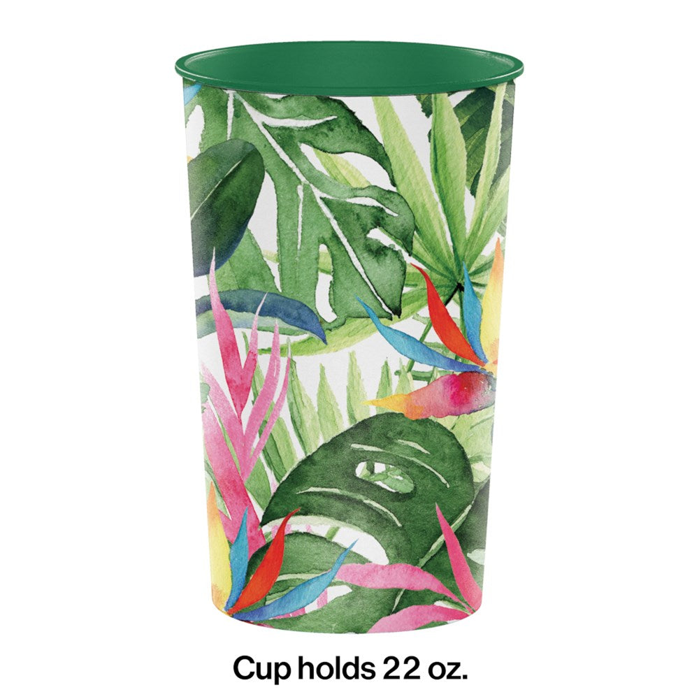 22oz plastic cup with tropical green leaves and pink floral print on a white background, green interior.