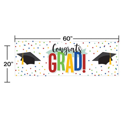Colorful graduation banner with "Congrats GRAD!" text, black caps, and multicolored confetti, 60x20 inches.