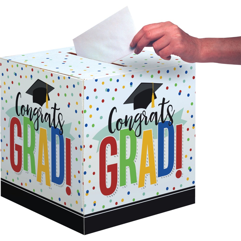 White square card box with multicolored "Congrats Grad!" text, black graduation cap, and colorful confetti dots.