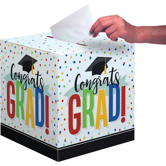 White square card box with multicolored "Congrats Grad!" text, black graduation cap, and colorful confetti dots.