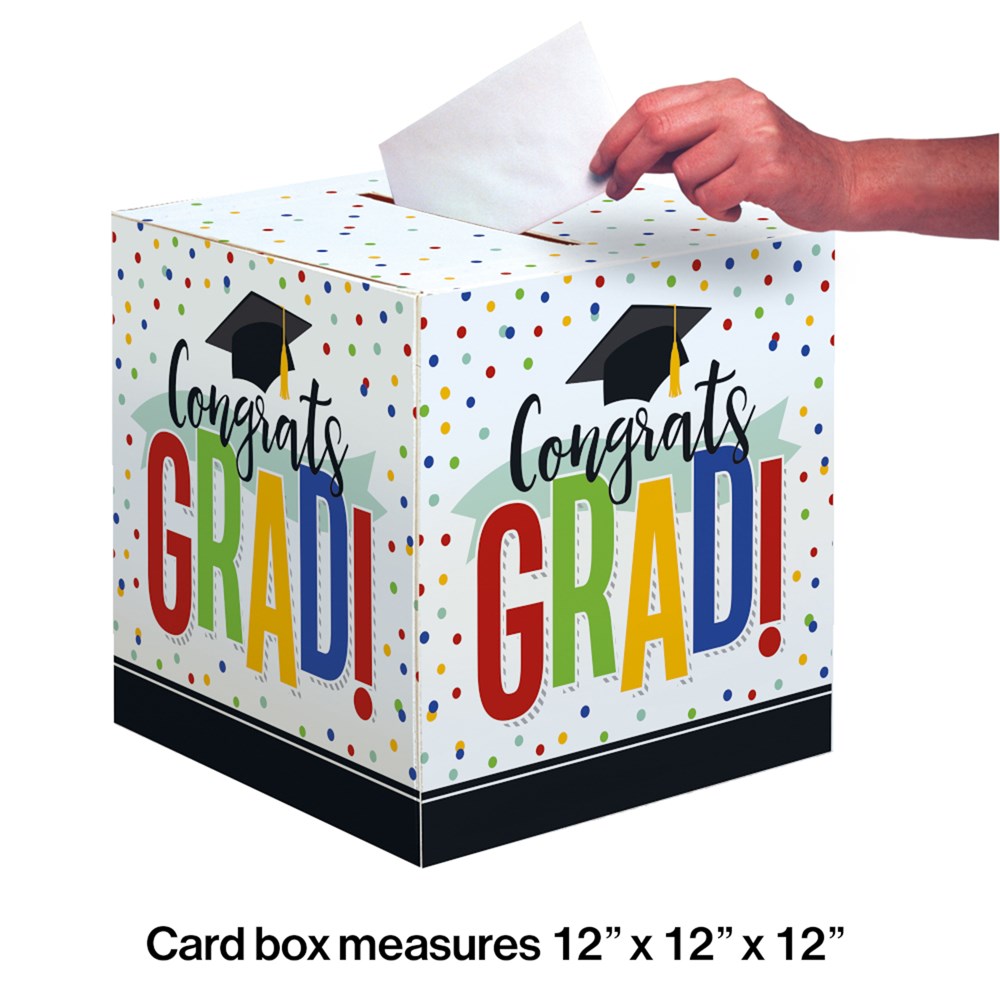 White square card box with colorful confetti dots, "Congrats GRAD!" text in bold, with a black graduation cap graphic and a.