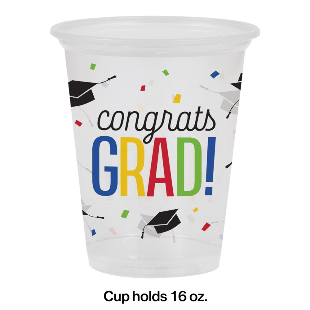 Decoración de graduación, vaso de plástico de 16 onzas, transparente, felicitaciones, grado, 8 unidades