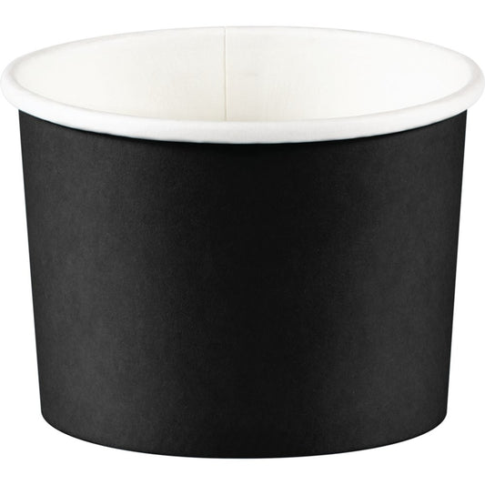 Black paper treat cup with white interior and rolled rim, round shape, smooth matte finish.