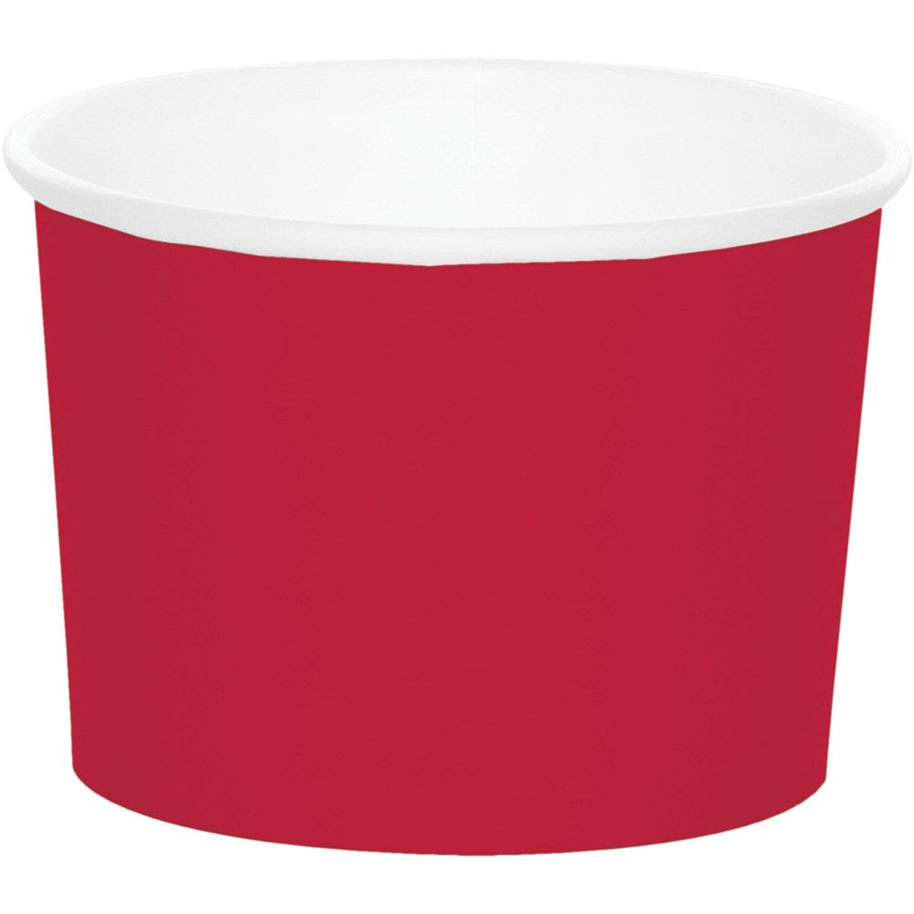 Red paper treat cup with white interior, short and round shape for snacks or desserts.