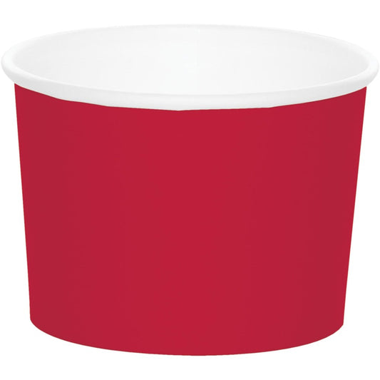 Red paper treat cup with white interior, short and round shape for snacks or desserts.