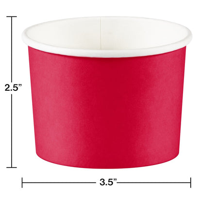 Classic red paper treat cup with white interior, 3.5-inch diameter and 2.5-inch height.